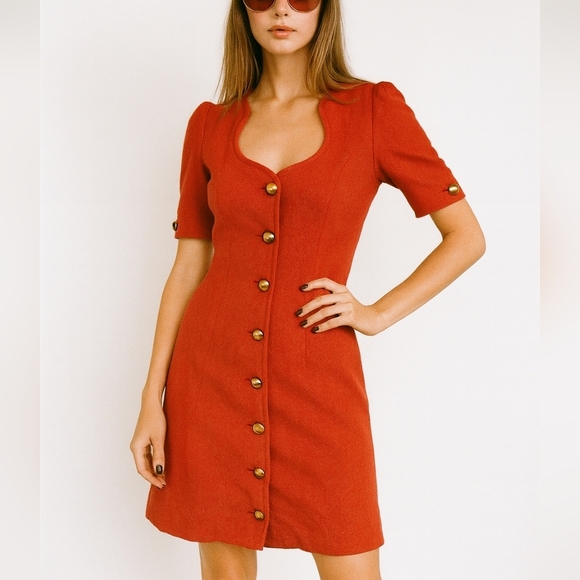 Vintage Adele Simpson Orange Linen Dress | Gold Button Sheath - Picture 1 of 11